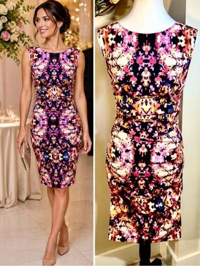 Nicole Miller Artelier Water Lily Ruched Linen Blend Sheath Dress Floral~10💛